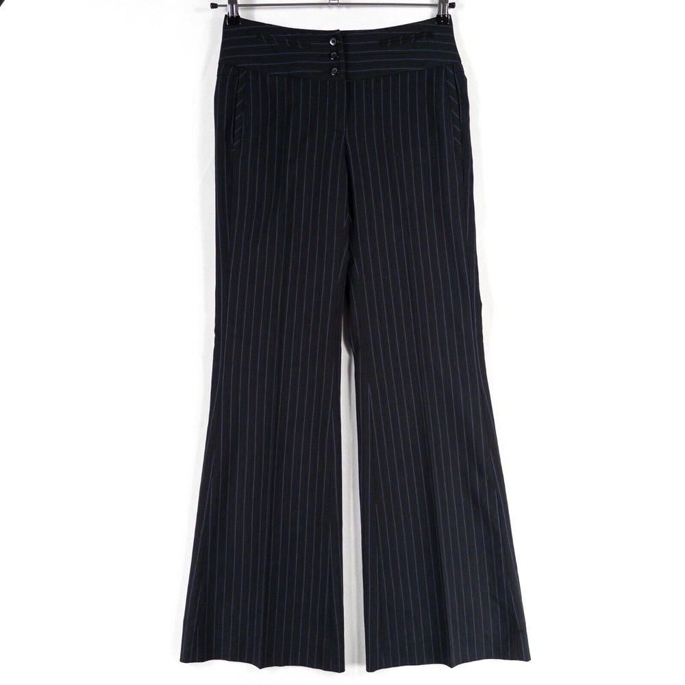 Cabi Wide Leg Trousers Pants Womens 2 Black Blue Stripe Mid Rise Stretch Career